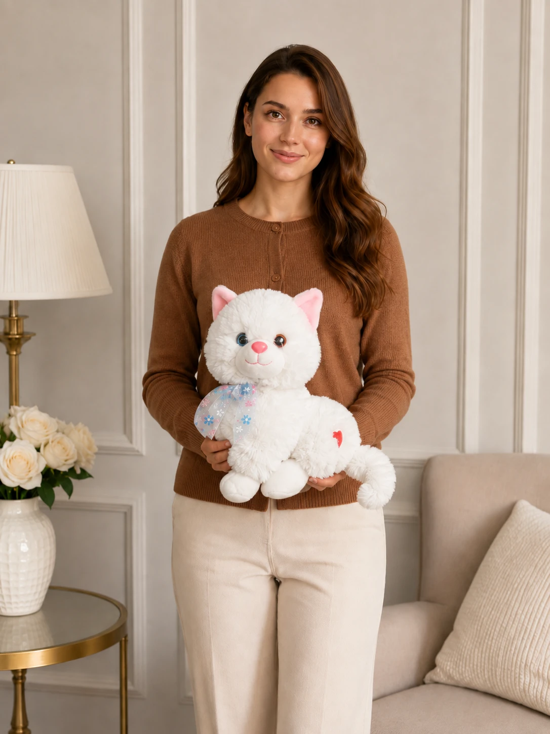35 cm Miyavlayan Sesli Peluş Kedi 35 cm miyavlayan sesli beyaz peluş oyuncak kedi Royal Flowers İzmir