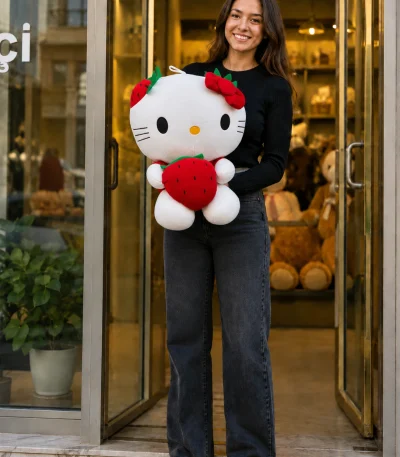40 cm çilekli kırmızı fiyonklu Hello Kitty peluş oyuncak Royal Flowers İzmir