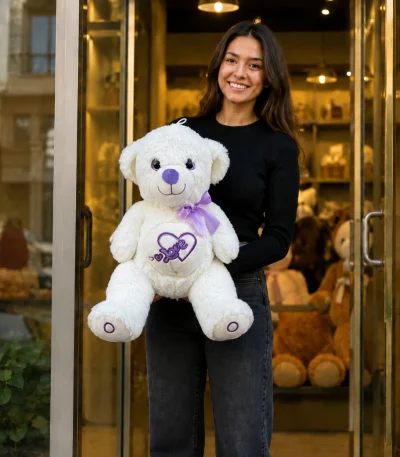 40 cm Love yazılı beyaz mor detaylı peluş ayıcık Royal Flowers İzmir