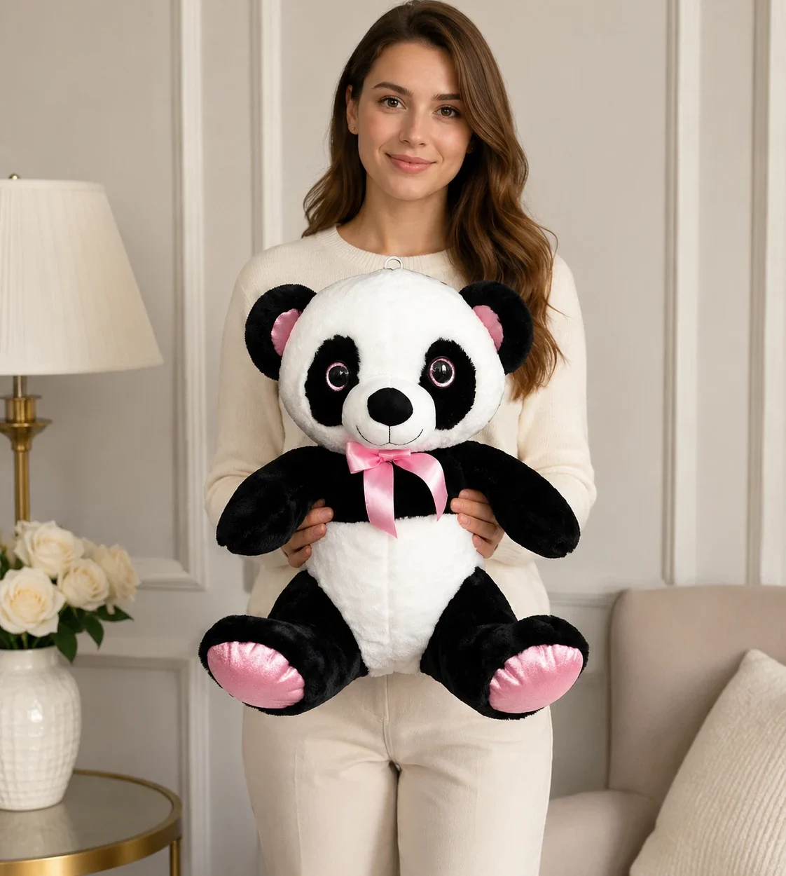 45 cm pembe detaylı siyah beyaz panda peluş oyuncak Royal Flowers İzmir