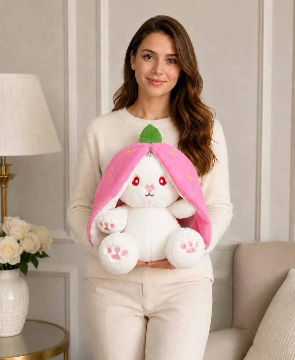 50 cm Fermuarlı Çilek Tavşan Peluş Oyuncak