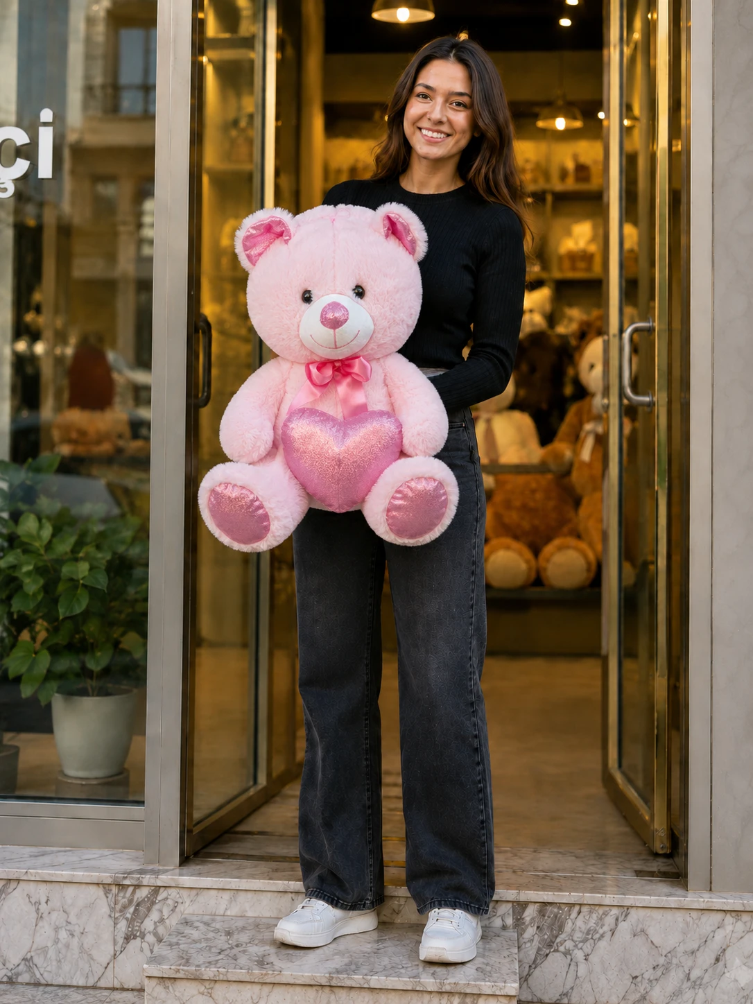 50 cm Pembe Kalpli Peluş Ayıcık 50 cm pembe kalpli peluş ayıcık sevgiliye hediye Royal Flowers İzmir