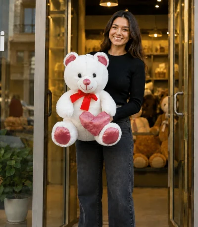 55 cm kalpli beyaz peluş ayıcık pembe detaylı Royal Flowers İzmir