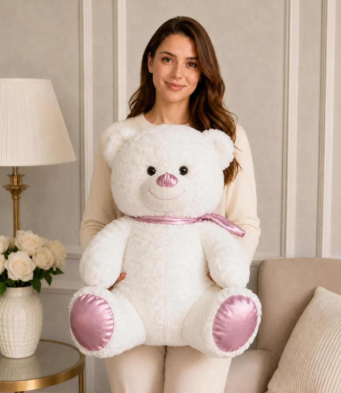 80 cm beyaz pembe detaylı büyük peluş ayıcık Royal Flowers İzmir