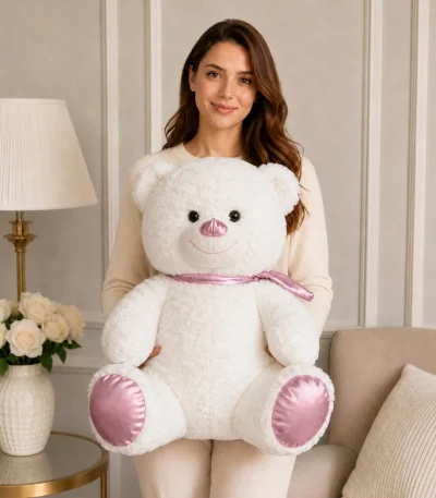 80 cm beyaz pembe detaylı büyük peluş ayıcık Royal Flowers İzmir