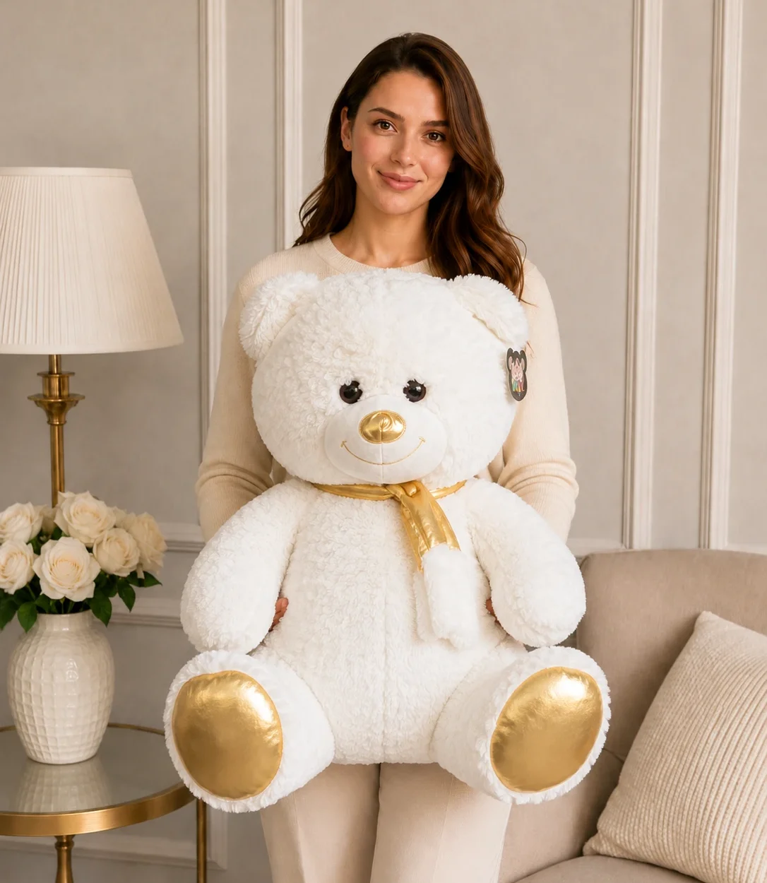 90 cm beyaz altın detaylı peluş ayıcık Royal Flowers İzmir