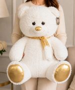 90 cm beyaz altın detaylı peluş ayıcık Royal Flowers İzmir