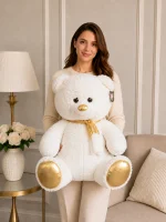 90 cm beyaz altın detaylı peluş ayıcık Royal Flowers İzmir