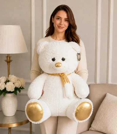 90 cm beyaz altın detaylı peluş ayıcık Royal Flowers İzmir