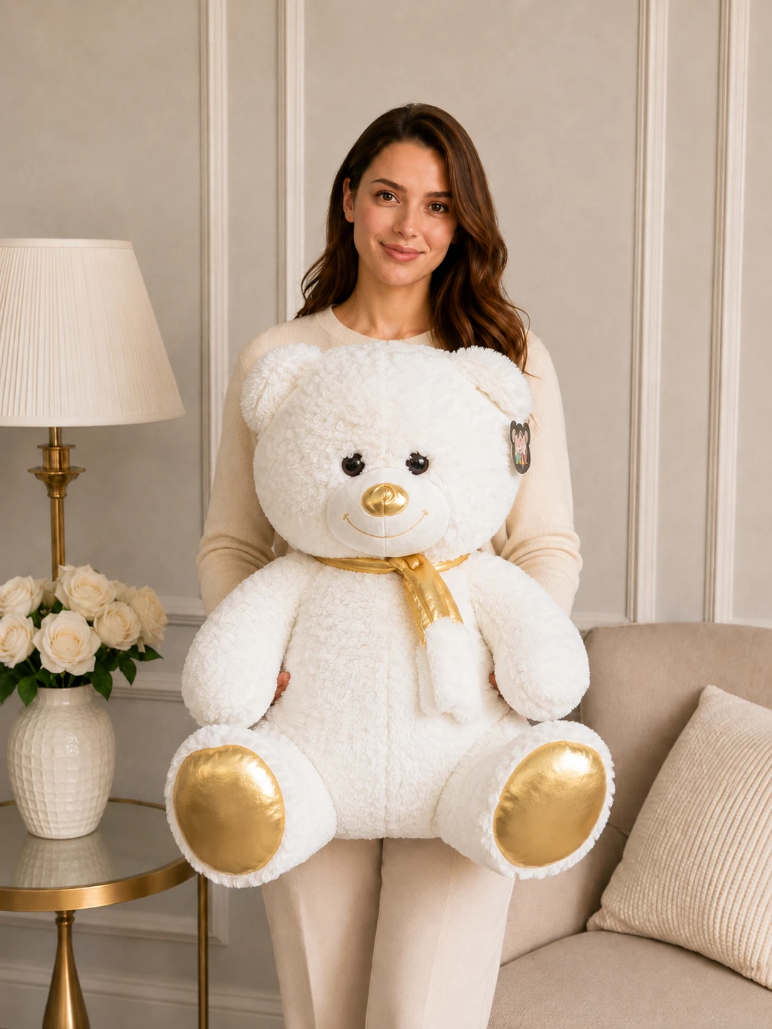 90 cm Beyaz Altın Detaylı Peluş Ayıcık 90 cm beyaz altın detaylı peluş ayıcık Royal Flowers İzmir