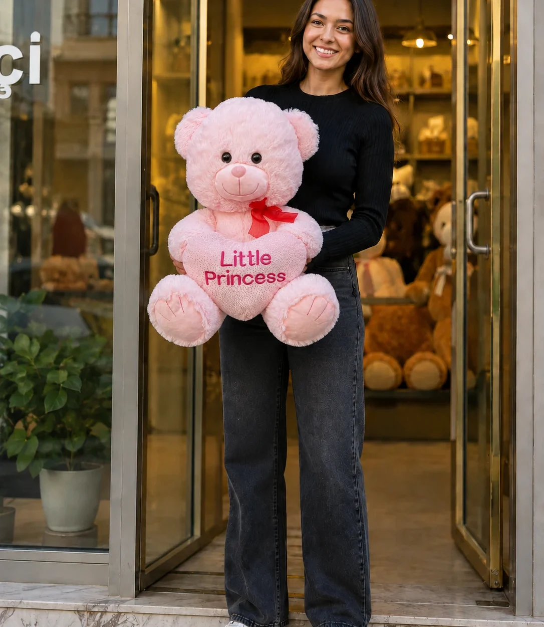 45 cm Little Princess pembe kalpli peluş ayıcık Royal Flowers İzmir