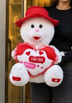 45 cm Love You yazılı kalpli şapkalı beyaz peluş ayıcık Royal Flowers İzmir