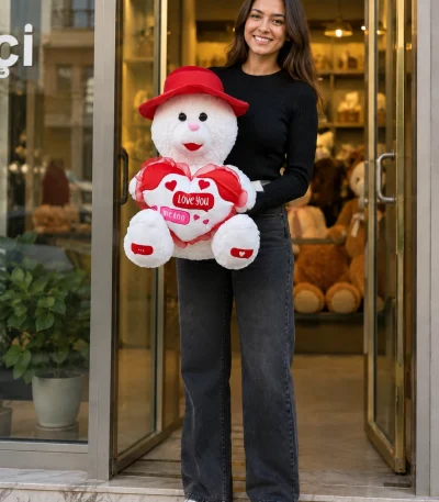 45 cm Love You yazılı kalpli şapkalı beyaz peluş ayıcık Royal Flowers İzmir