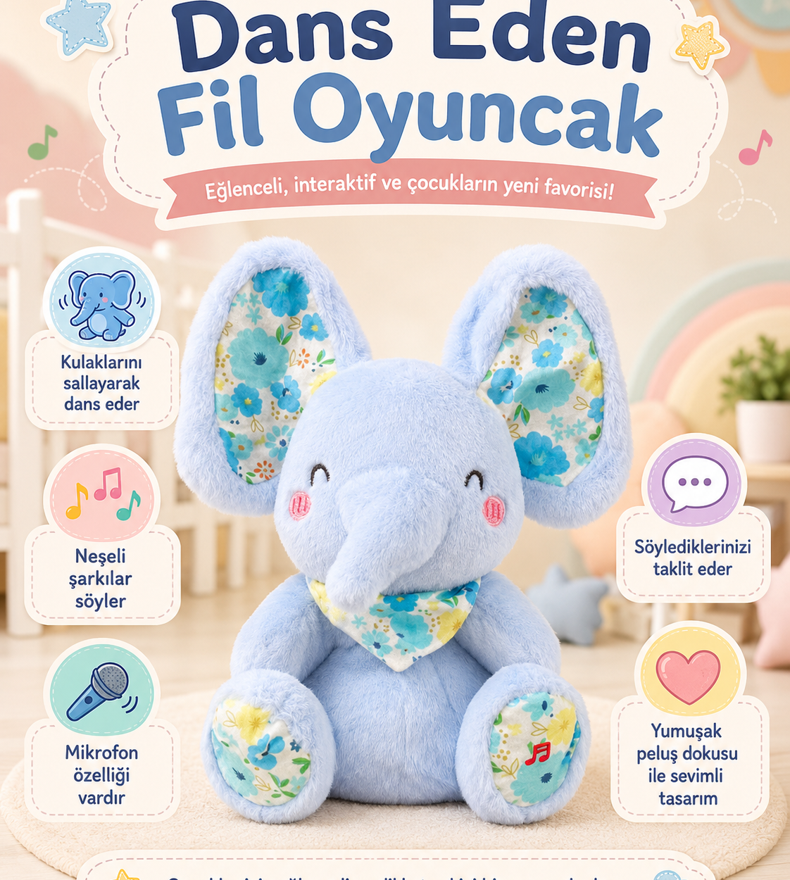 🐘🎵 DANS EDEN FİL OYUNCAK – ŞARKI SÖYLEYEN, TAKLİT EDEN VE MİKROFONLU PELUŞ FİL