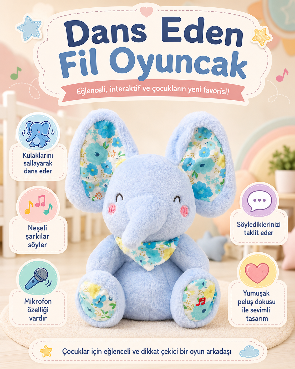 dans-eden-fil-oyuncak (2) 🐘🎵 DANS EDEN FİL OYUNCAK – ŞARKI SÖYLEYEN, TAKLİT EDEN VE MİKROFONLU PELUŞ FİL - Görsel 1