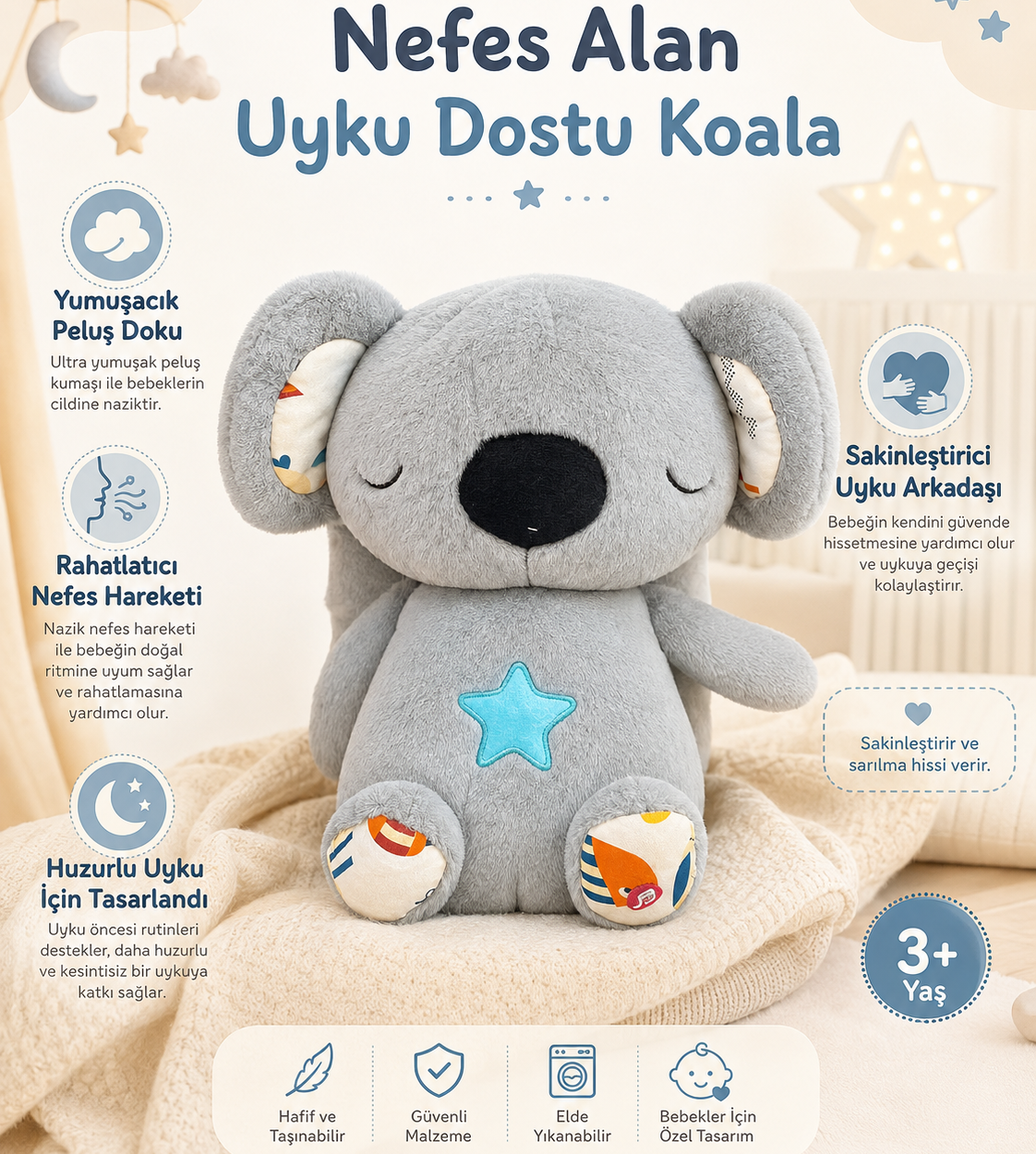 🐨💤 NEFES ALAN GRİ KOALA PELUŞ OYUNCAK – UYKU ARKADAŞI