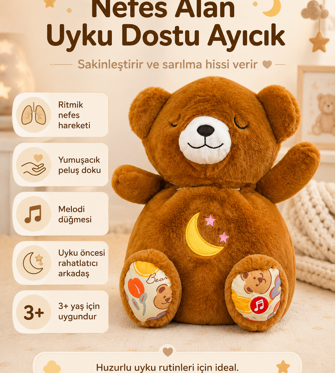 🧸🌙 NEFES ALAN KAHVERENGİ AYICIK PELUŞ OYUNCAK – UYKU ARKADAŞI