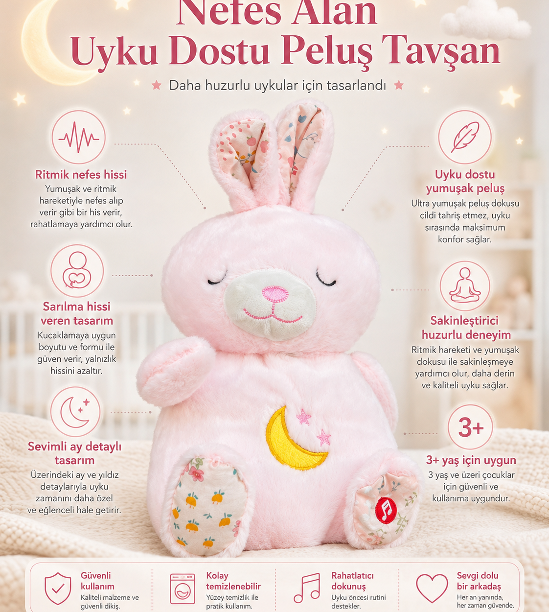 🐰🌙 NEFES ALAN PEMBE TAVŞAN PELUŞ OYUNCAK – UYKU ARKADAŞI