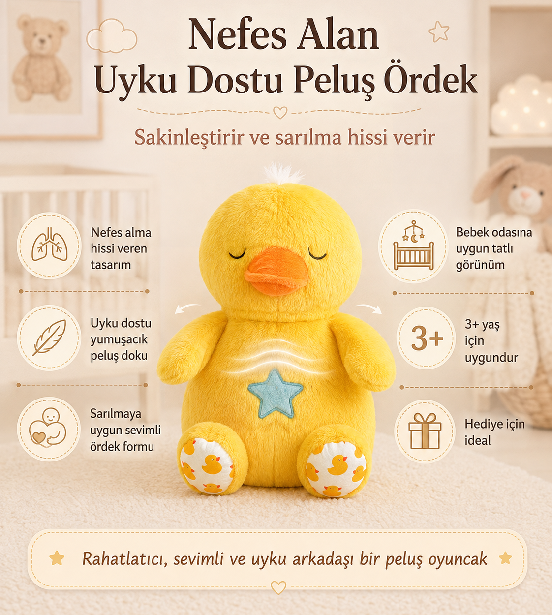 💛🦆 NEFES ALAN SARI ÖRDEK OYUNCAK – UYKU ARKADAŞI