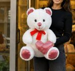 🧸💗 55 cm Kalpli Beyaz Peluş Ayıcık – Pembe Detaylı Sevimli Hediye - Görsel 3