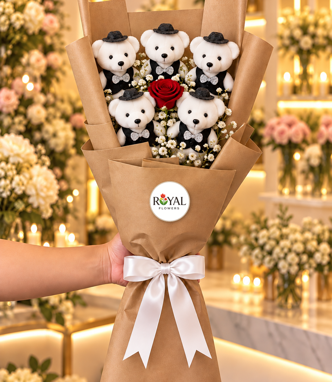 5'li erkek damat strafor ayıcık buketi, tek kırmızı gül ve kraft ambalajlı hediye buketi