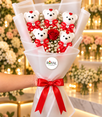 5'li Kırmızı Ayıcık Buketi – Royal Flowers