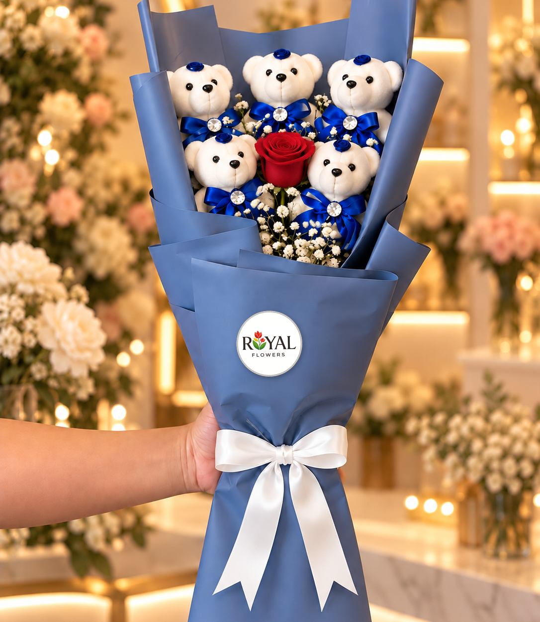 5'li mavi ayıcık buketi, kırmızı gül, beyaz cipso ve mavi ambalaj – Royal Flowers