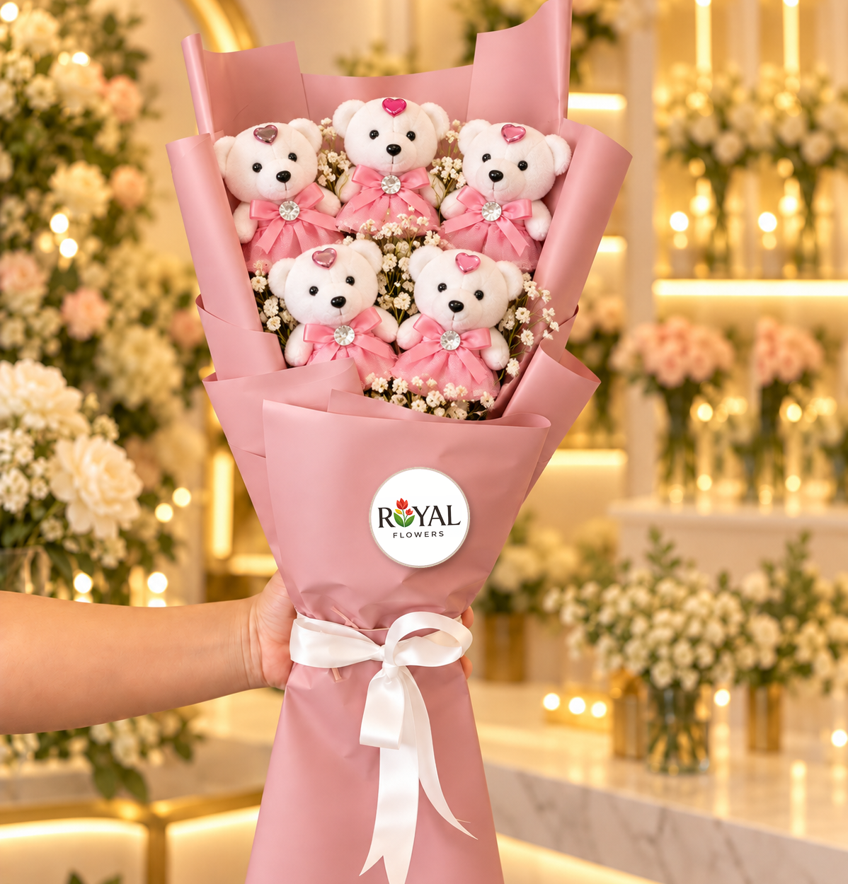 5'li pembe ayıcık buketi, pembe kıyafetli beyaz strafor ayıcıklar ve toz pembe ambalaj – Royal Flowers