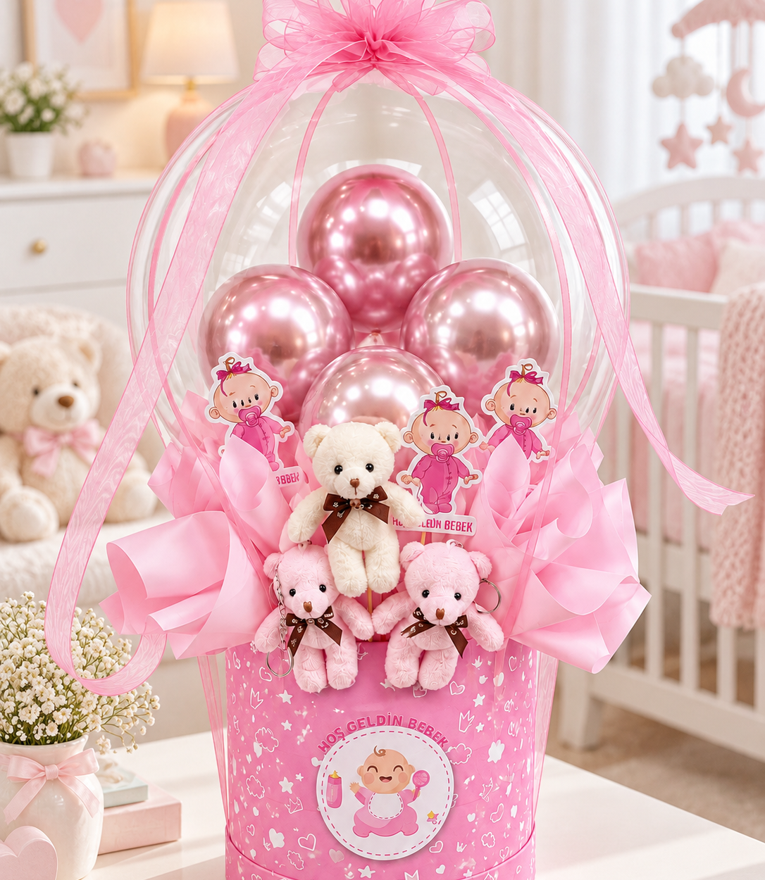 Pembe Bobo Balon Hoş Geldin Kız Bebek Hediye Aranjmanı