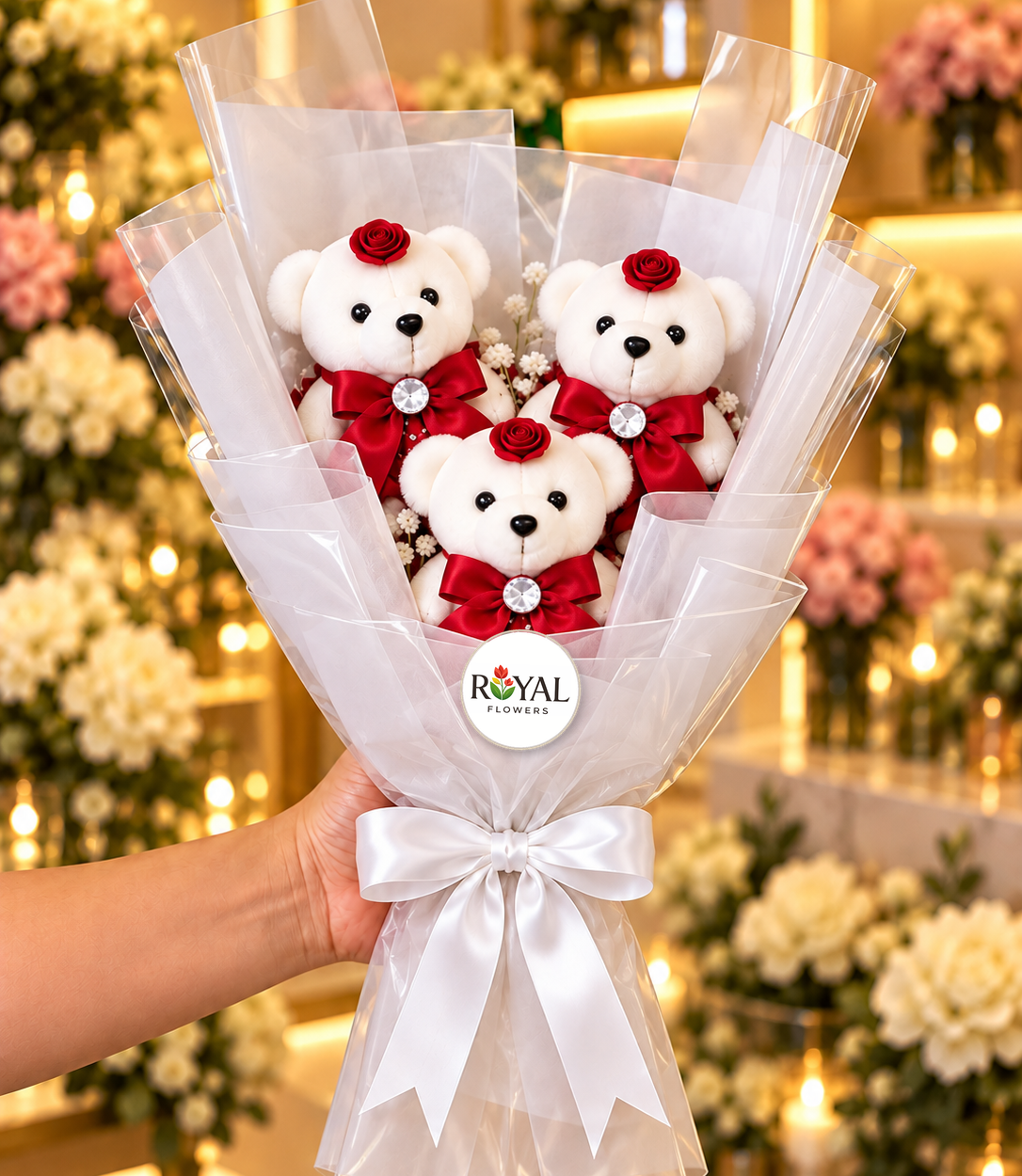 Minyatür boy 3'lü kırmızı elbiseli beyaz strafor ayıcık buketi, gül detaylı, beyaz cipsolu ve şeffaf paketli Royal Flowers hediyesi.