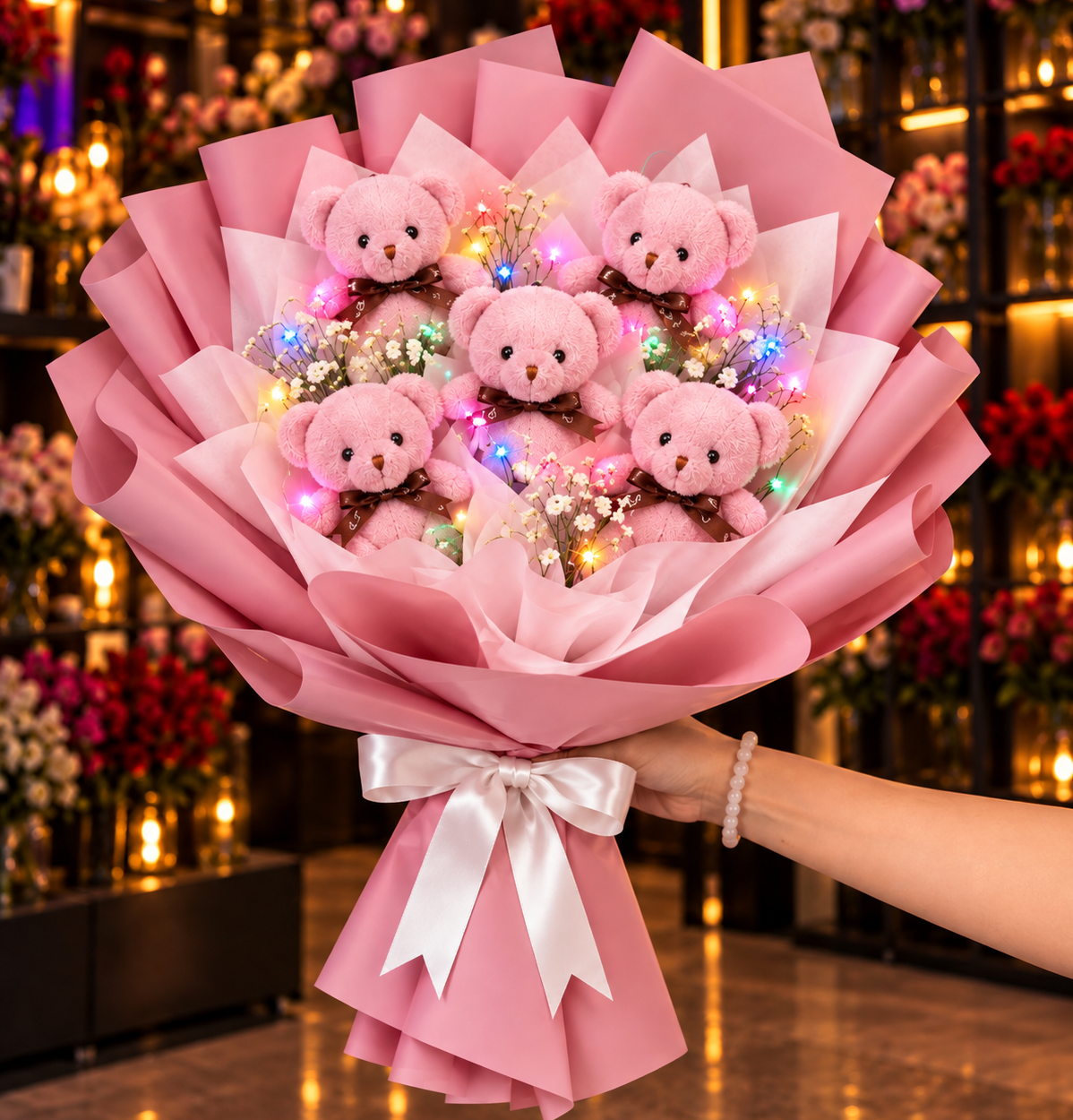 ledli-orta-boy-pembe-pelus-ayicik-buketi