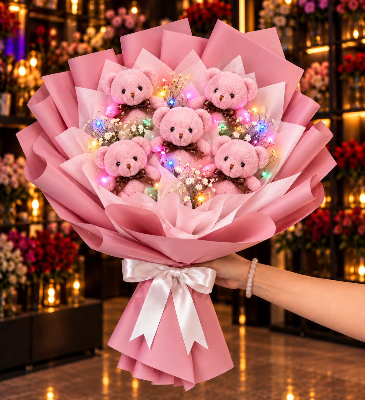 Pembe Ayıcık Buketi ve Işıklar ledli-orta-boy-pembe-pelus-ayicik-buketi