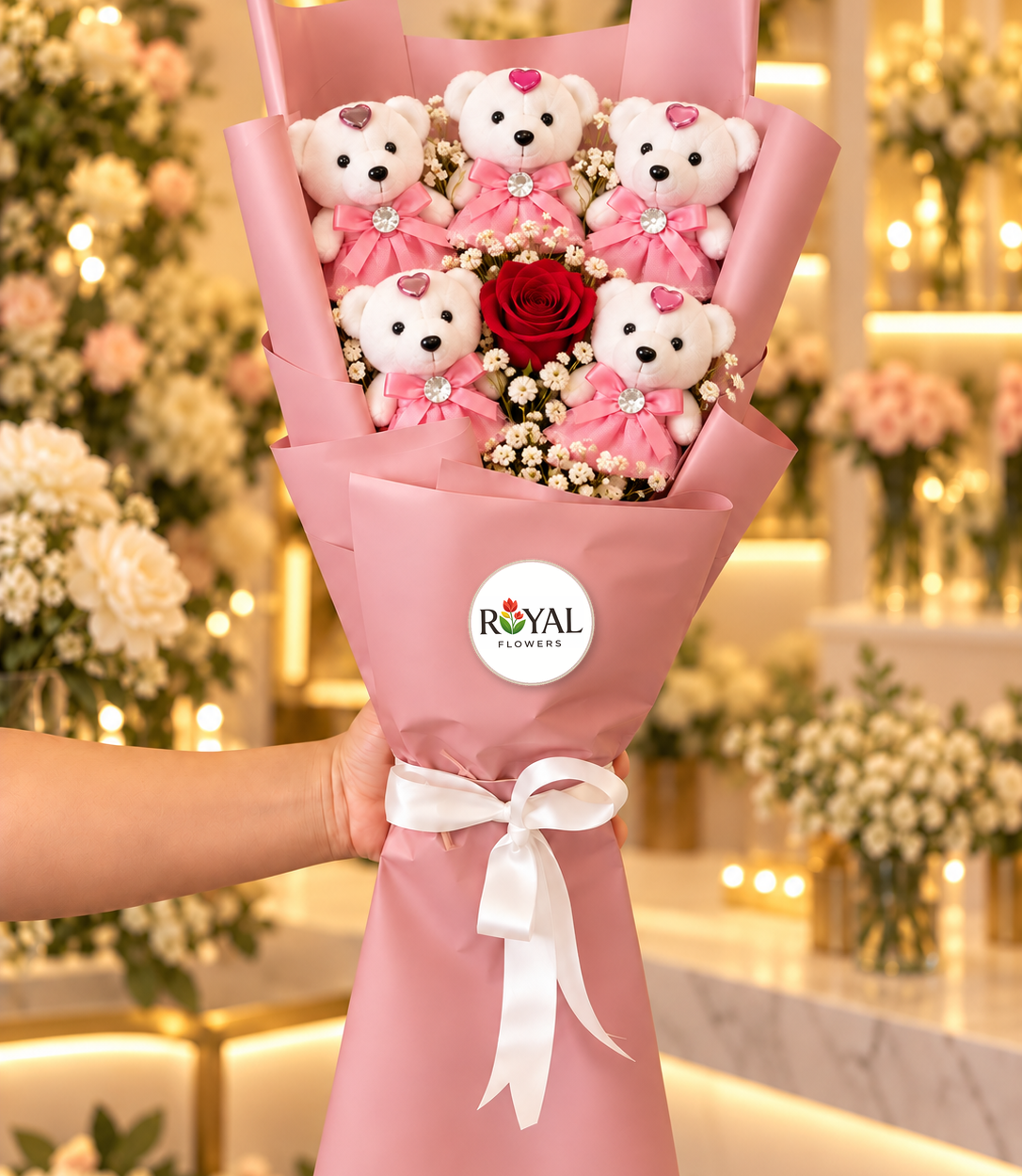 Kırmızı güllü pembe ayıcık buketi