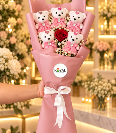 Kırmızı güllü pembe ayıcık buketi