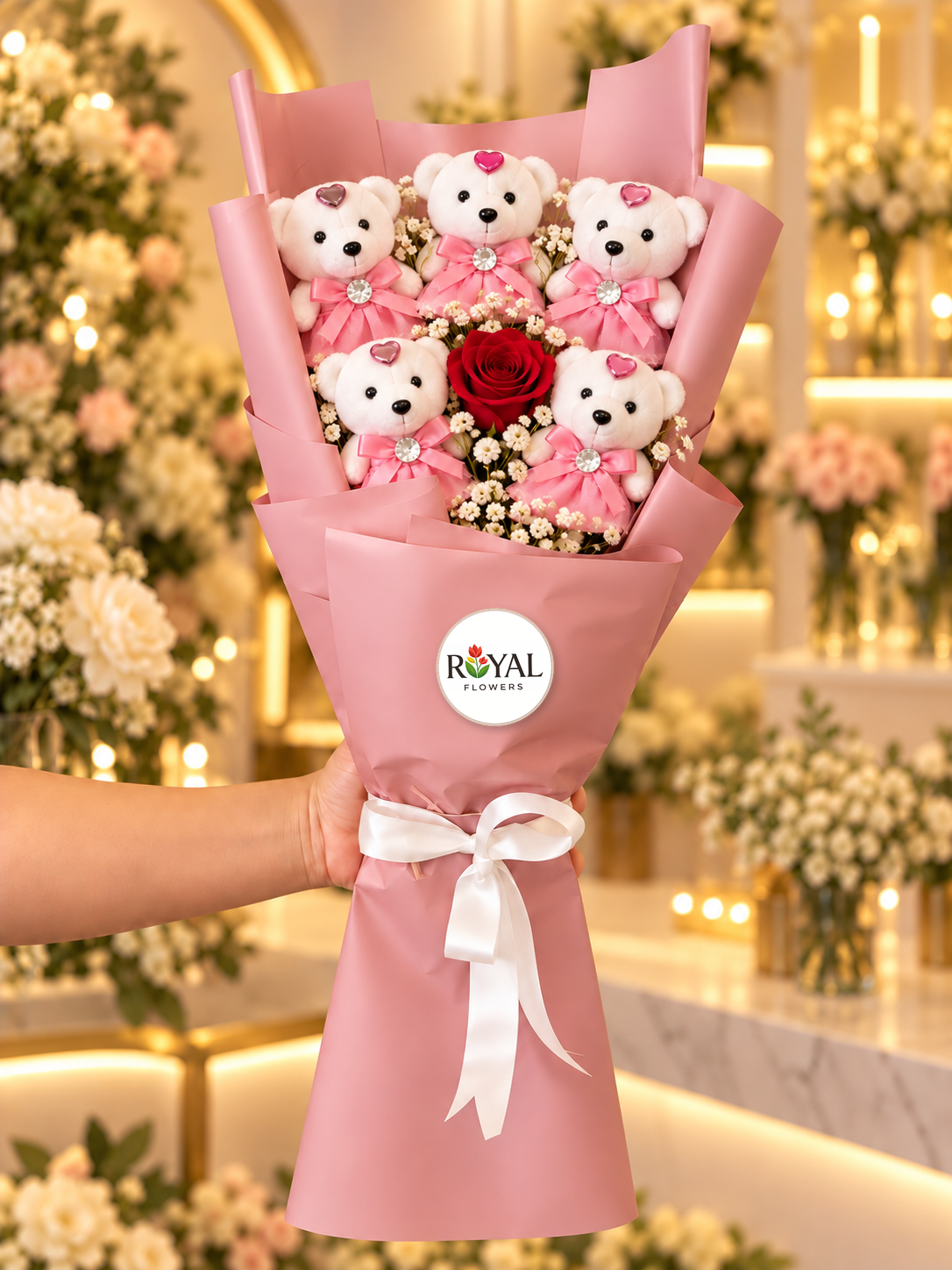 kirmizi-gullu-pembe-ayicik-buketi Kırmızı güllü pembe ayıcık buketi