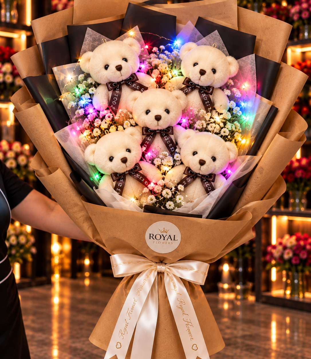 LED'li ayıcık buketi, beş peluş ayıcık, renkli ışıklar ve kraft ambalaj – Royal Flowers