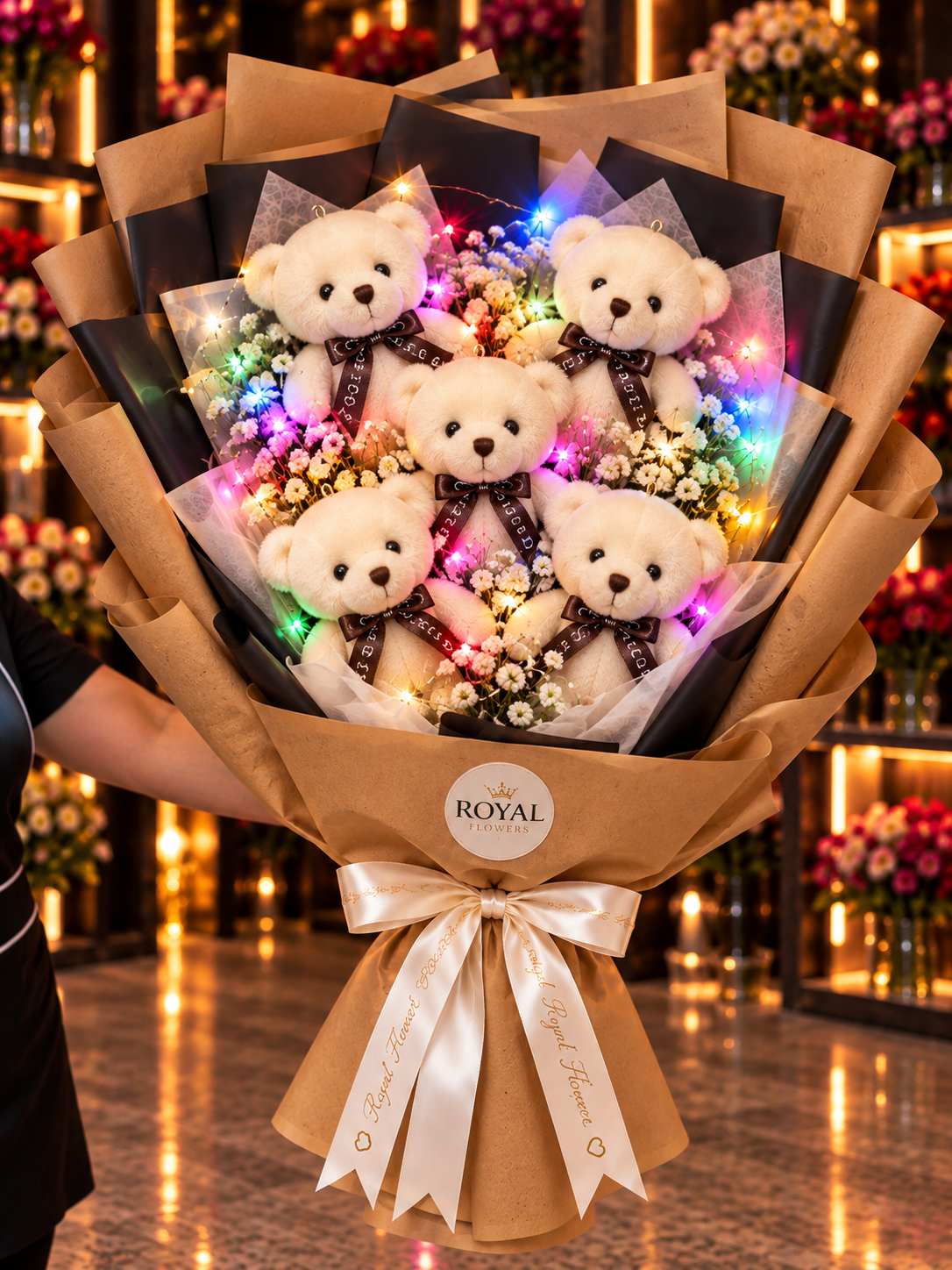 ledli-5li-pelus-ayicik-buketi-royal-flowers.webp LED'li ayıcık buketi, beş peluş ayıcık, renkli ışıklar ve kraft ambalaj – Royal Flowers
