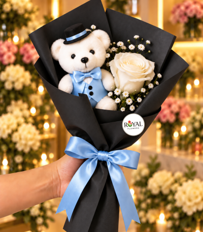 Mavi Ayıcık Buketi ve Beyaz Gül | Royal Flowers