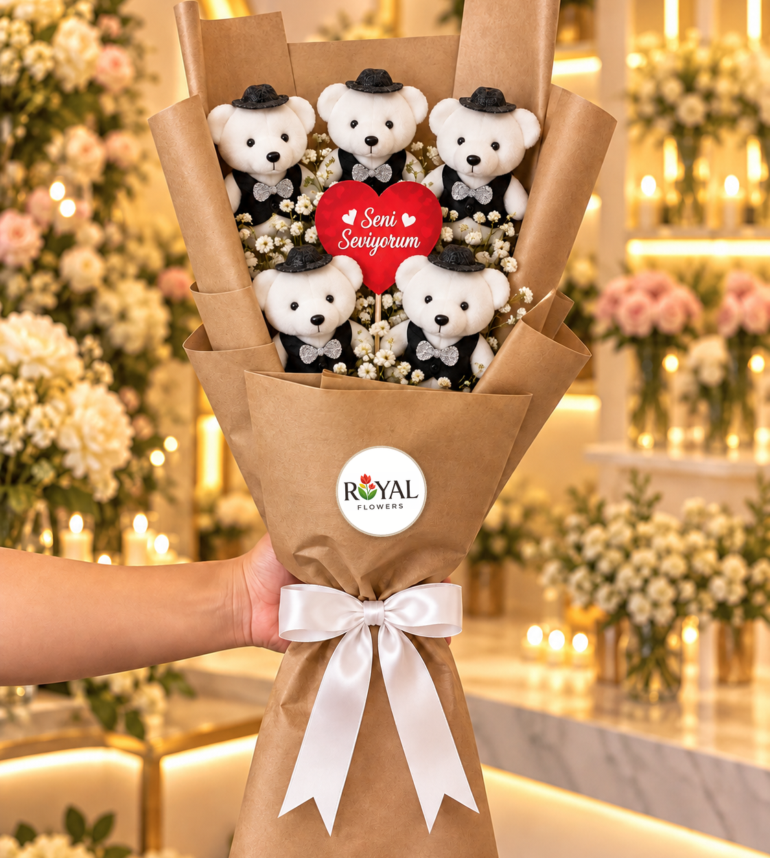Orta boy seni seviyorum kartlı kraft kağıtta 5’li strafor damat ayıcık buketi Royal Flowers