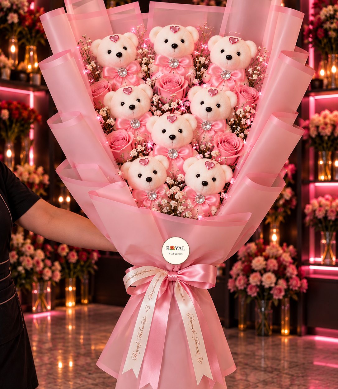 Royal Flowers LEDLİ mega boy pembe güllü 7'li strafor ayıcık buketi, pembe ambalajlı romantik hediye tasarımı