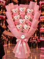 Royal Flowers LEDLİ mega boy pembe güllü 7'li strafor ayıcık buketi, pembe ambalajlı romantik hediye tasarımı