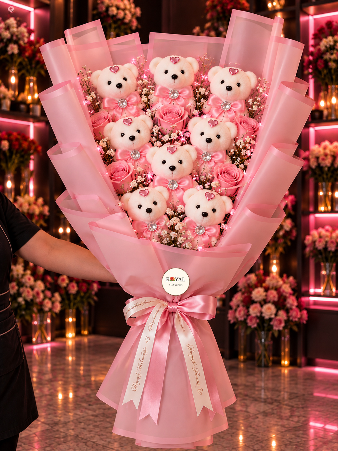 straforlu pembe gül ayıcık buketi Royal Flowers LEDLİ mega boy pembe güllü 7'li strafor ayıcık buketi, pembe ambalajlı romantik hediye tasarımı
